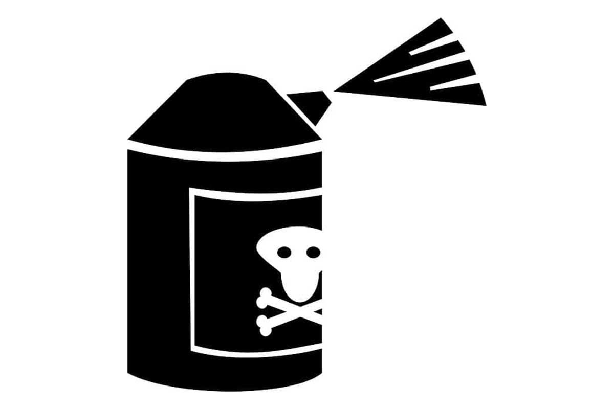 Illustration of a pesticide spray can with skull and crossbones warning symbol