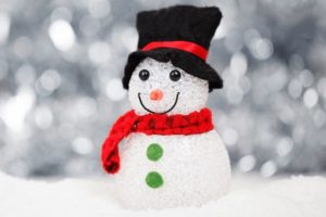 White snowman decoration with black top hat, red scarf, and green buttons against blurred winter lights background