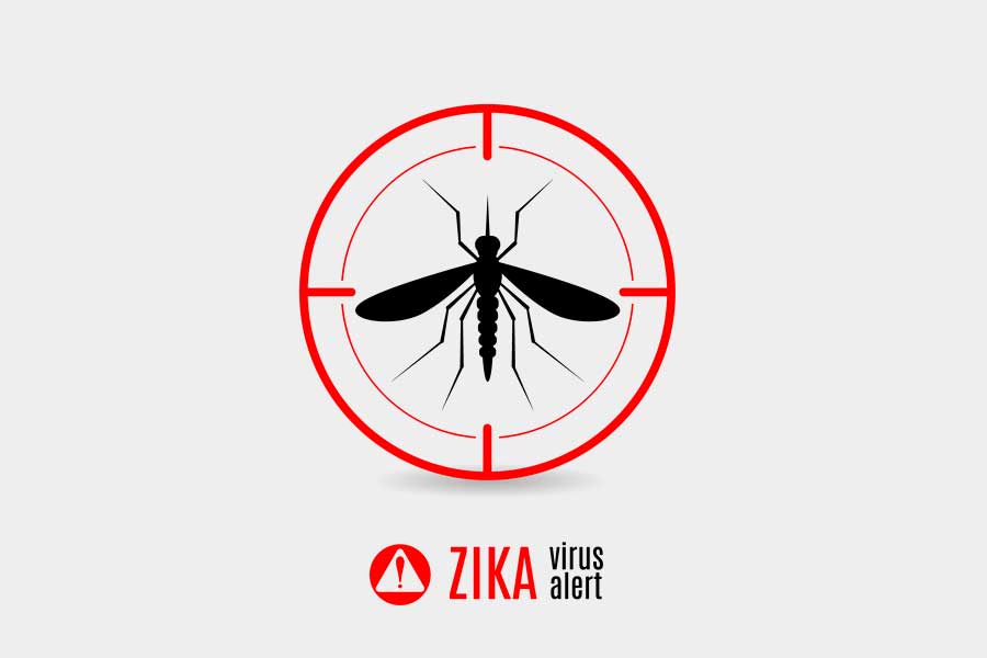 Illustration of a mosquito inside a red target crosshair with text: ZIKA virus alert