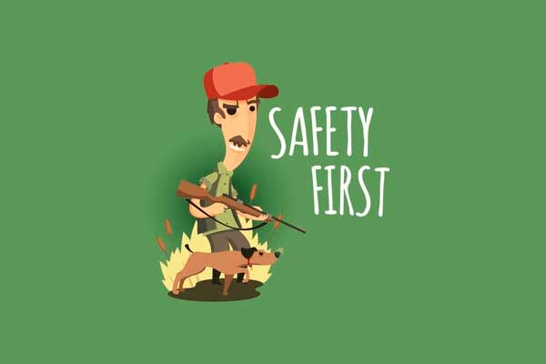 Illustration of a hunter with a rifle and dog with text: Safety First