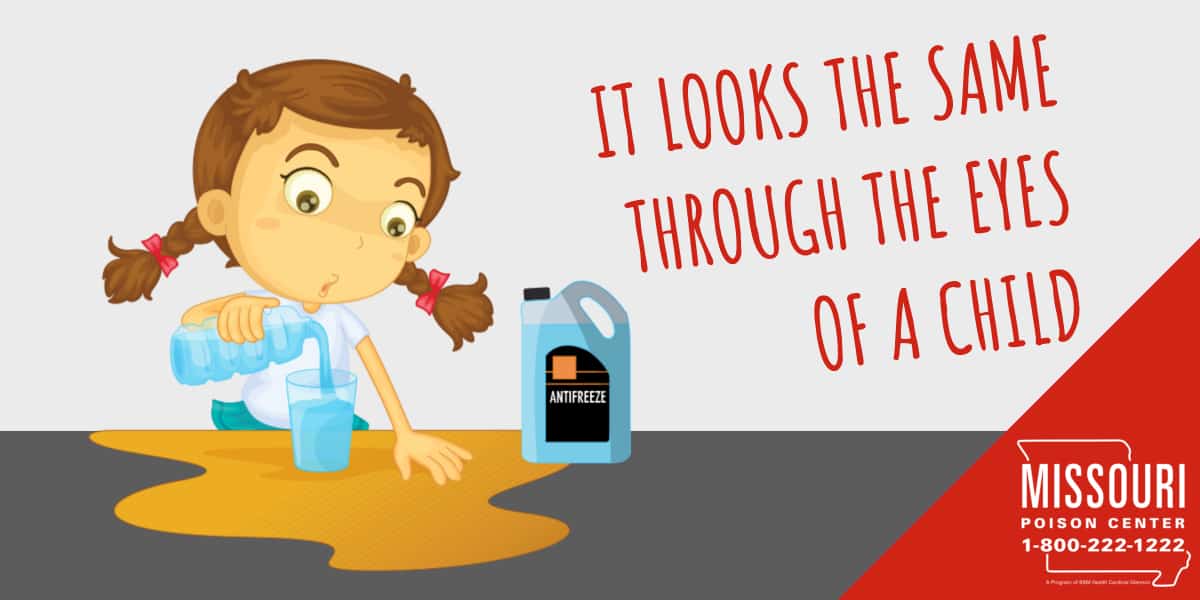 Missouri Poison Center illustration showing a child pouring antifreeze into a glass, with the text 'It Looks the Same Through the Eyes of a Child.'
