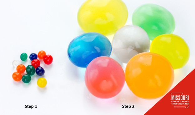 Two-step comparison showing small dry polymer beads in Step 1 and large expanded colorful water gel balls in Step 2