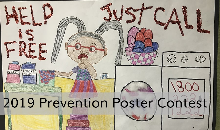 Child's drawing from a previous poster contest entry for the 2019 Prevention Poster Contest, featuring poison safety messages