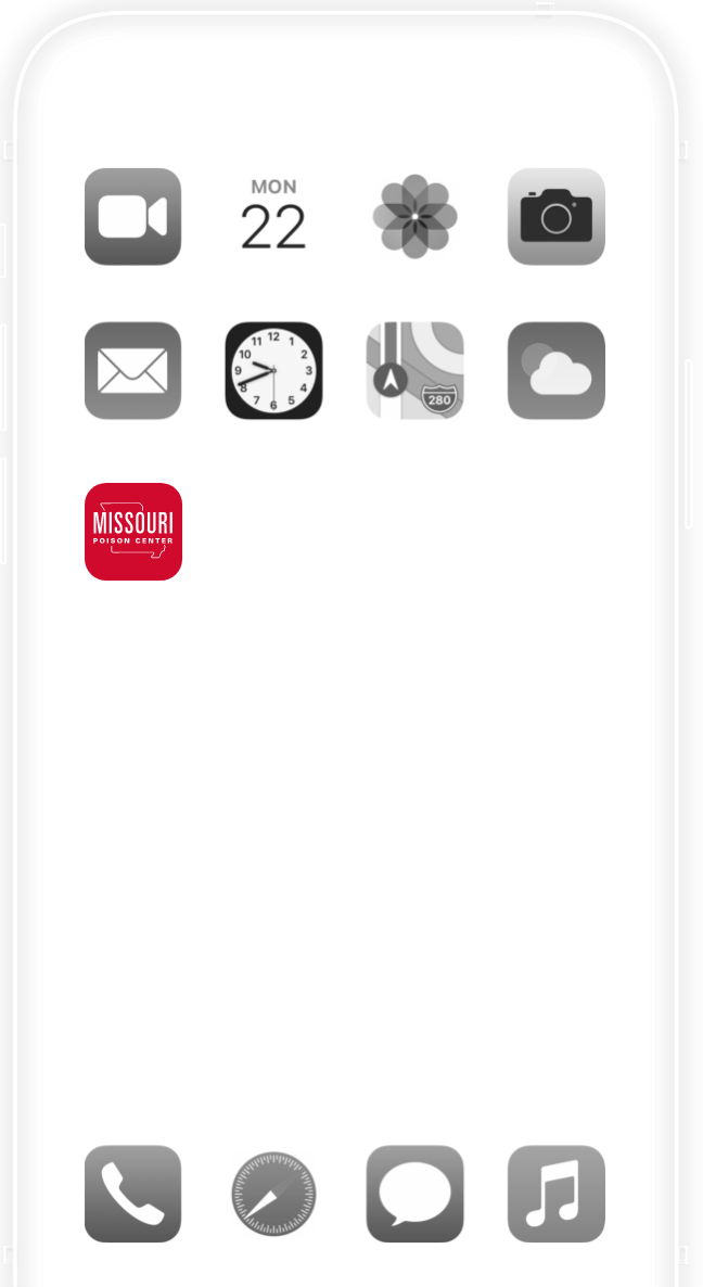Smartphone screen showing the Missouri Poison Center Poison Help app icon alongside other standard apps