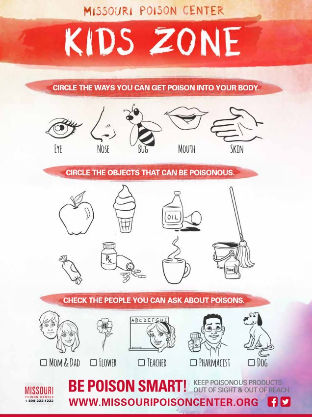 Three-part activity teaching children: ways poison enters the body, which objects can be poisonous, and trusted adults to ask about poisons.