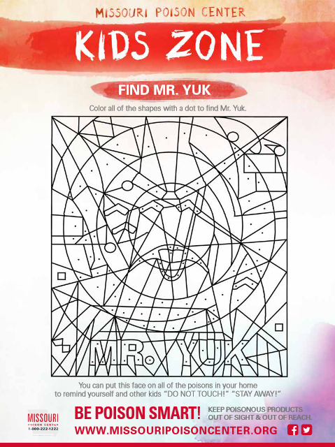 Geometric coloring puzzle where children color shapes with dots to reveal Mr. Yuk's face.