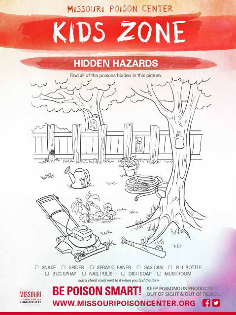 Hidden picture puzzle showing a backyard scene where children find poisonous items like spray cleaner, gas can, and nail polish.