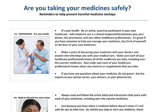 Preview of the 'Are You Taking Your Medicines Safely?' guide showing the first two of five medicine safety guidelines for older adults.