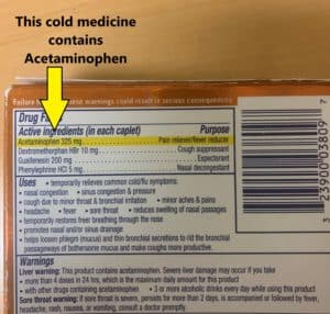 Cold medicine Drug Facts label with a yellow arrow pointing to acetaminophen listed as an active ingredient
