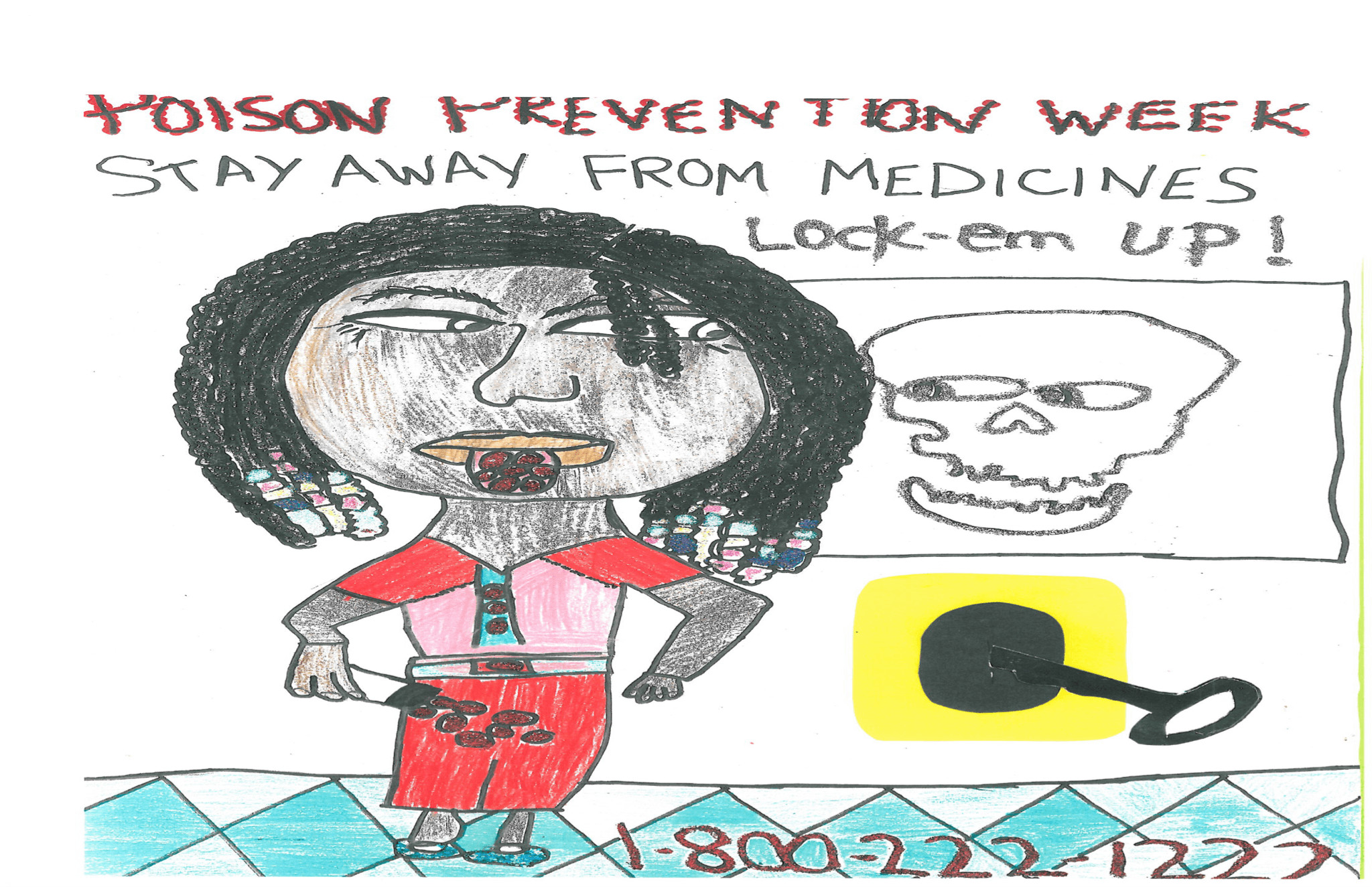 2012 grand prize winning poster with the message Stay Away From Medicines, Lock Em Up, featuring the phone number 1-800-222-1222