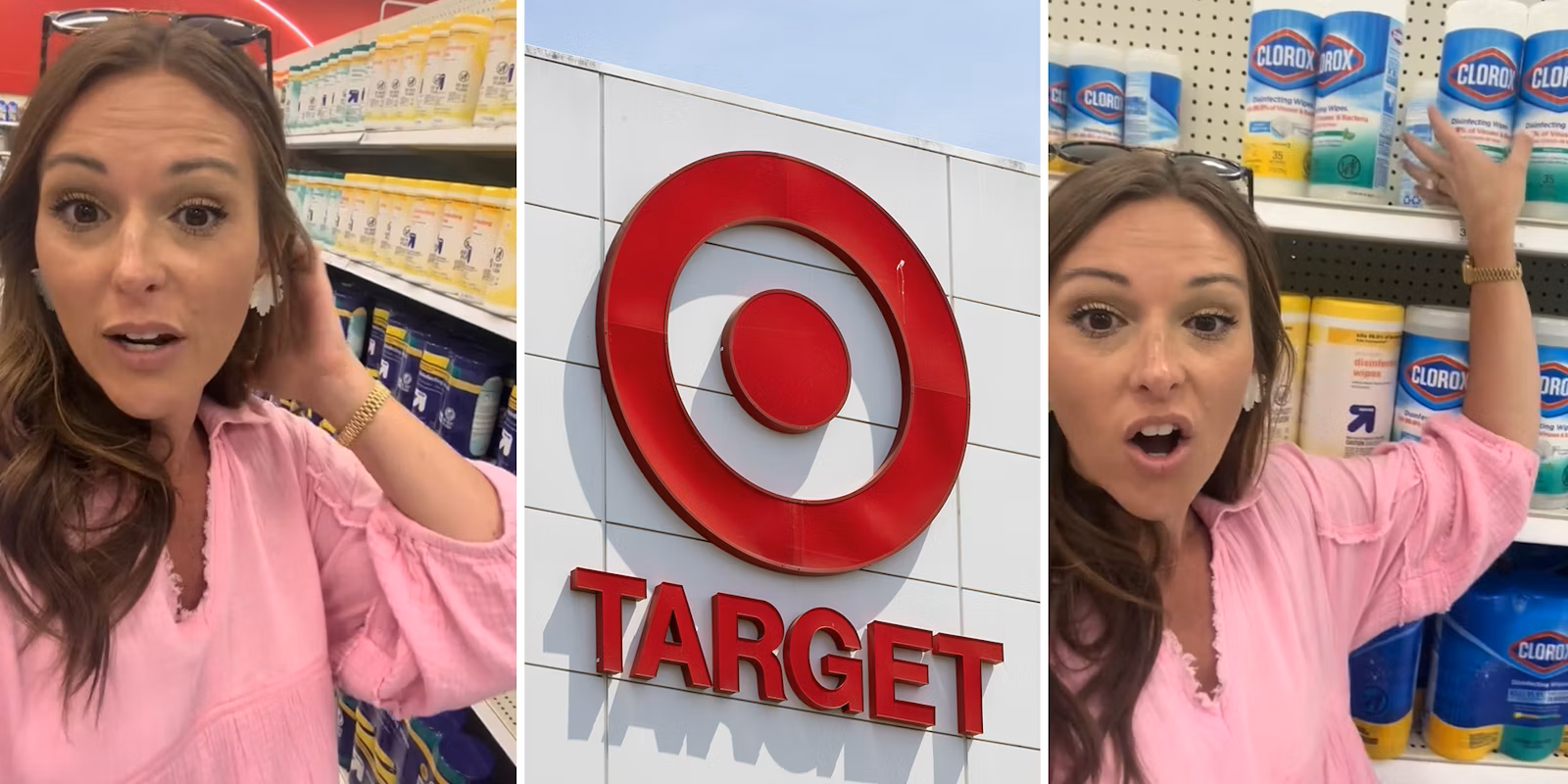 Video thumbnails of a woman in a Target store next to Clorox wipes products